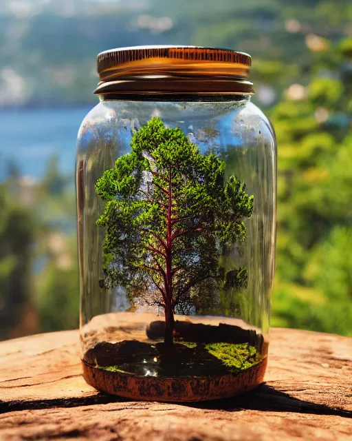 Prompt: glass jar with a tree burning inside, standing on a cliff, bokeh, ocean in the background, metal lid, dramatic lighting, hyperrealistic, highly detailed, sharp focus