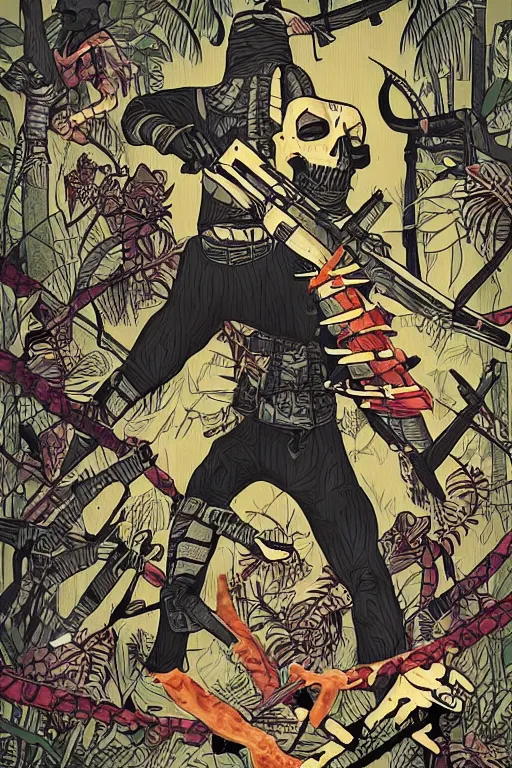 Image similar to a ninja sneaking around in the jungle surrounded by skeletons with ak - 4 7 artwork by eko nugroho