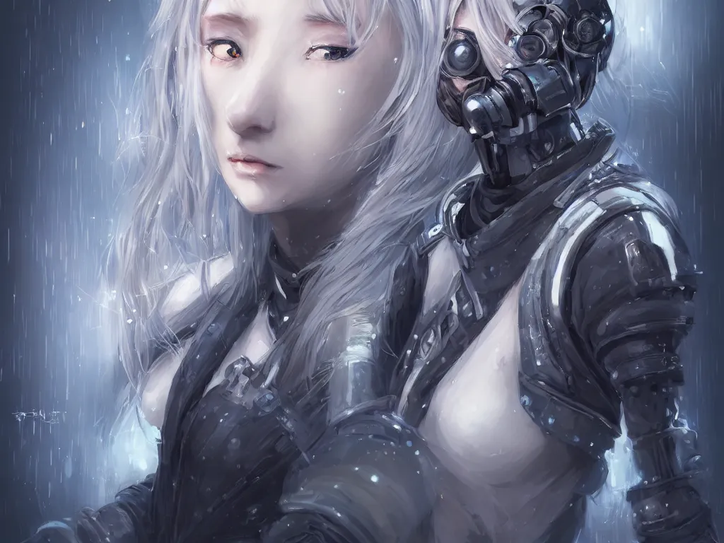 Image similar to portrait cyber warrior girl by yoda and shal. e and yam, by luker and ライコ and zumi on pixiv, grey hair dieselpunk wardrobe, in tokyo street cyberpunk snowy night, ssci - fi and fantasy, intricate and very very beautiful and elegant, highly details and digital painting, artstation, concept art, smooth and sharp focus