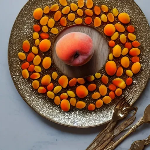 Prompt: beautiful photo a fairy made of peaches, mangoes and sprinkles, on a white plate, dslr