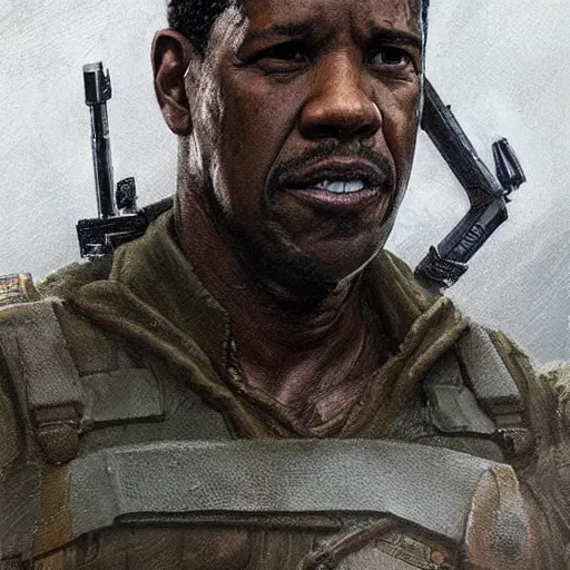 Image similar to portrait of a man by greg rutkowski, denzel washington as a colonial marine from aliens franchise, he is about 5 0 years old, military composure, wearing the tactical gear of the colonial marines, highly detailed portrait, digital painting, artstation, concept art, smooth, sharp foccus ilustration, artstation hq