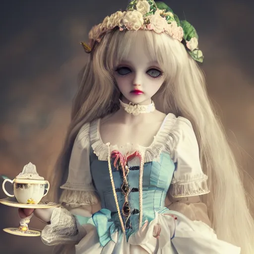 Image similar to A beautiful atmospheric photo of a beautiful Bjd doll girl, wearing cute victorian costume, fantasy tea cup, intricate details, sharp focus, symmetrical composition, octane render, 8k, volumetric lighting