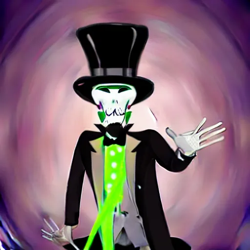 Image similar to tall, skinny, four - armed evil alien voodoo doctor wearing a black neon green tuxedo and top hat