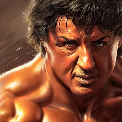 Image similar to Sylvester Stallone boxing master, closeup, D&D, fantasy, intricate, elegant, highly detailed, digital painting, artstation, concept art, matte, sharp focus, illustration, hearthstone, art by Artgerm and Greg Rutkowski and Alphonse Mucha