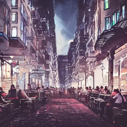 Image similar to people sitting in rows of desks in the middle of a city street, first person view from back row, dream - like atmosphere, high quality digital art