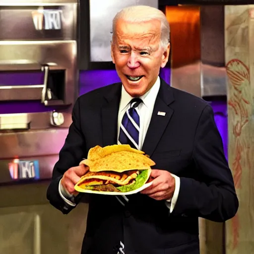 Image similar to joe biden lost in the fae realm, stumbles upon a taco bell, live mas