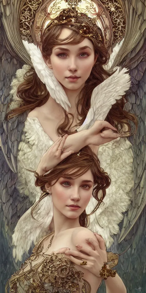 Image similar to a photograpic portrait of a pretty woman, angel, fantasy, intricate, elegant, highly detailed, digital painting, artstation, centered, concept art, smooth, sharp focus, illustration, art by artgerm and h r giger and alphonse mucha