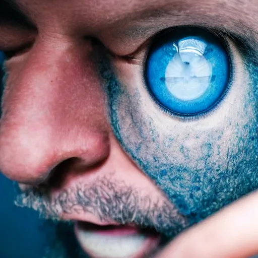 Image similar to fish eye lens close up photograph of a man with blue skin and a goatee side eyeing the camera with a sympathetic look