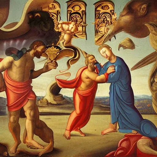 Image similar to masterful religious painting, god fighting the devil