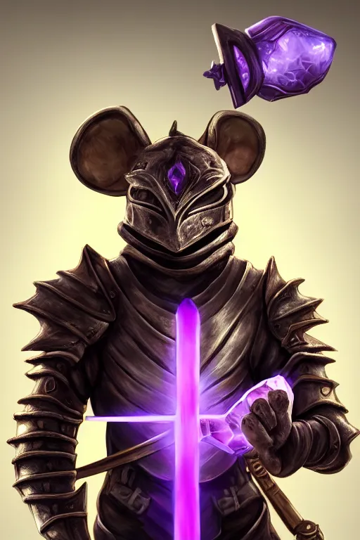 Image similar to armored mouse warrior holding a sword in one hand and reaching for a floating purple crystal with the other, trending on Artstation, RPG Portrait, 8k, UHD