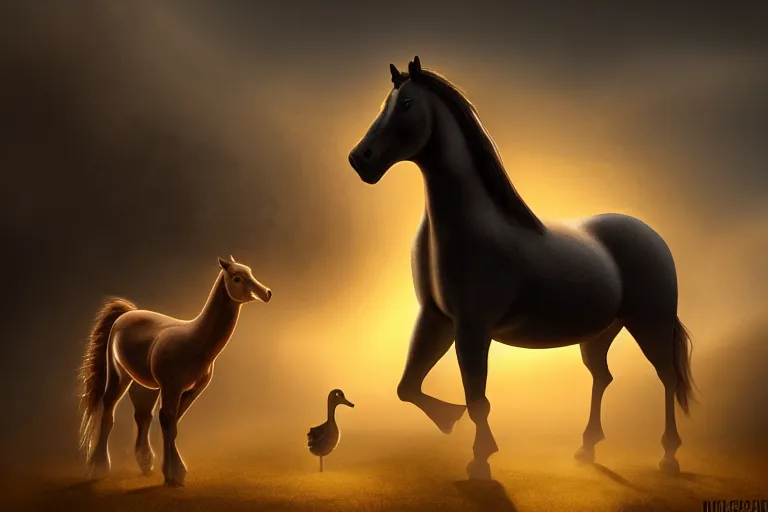 Image similar to a horse the size of a duck, stood next to a duck the size of a horse, evening light, cinematic photography, digital painting, volumetric light, concept art, trending on artstation, digital Art, fantasy art