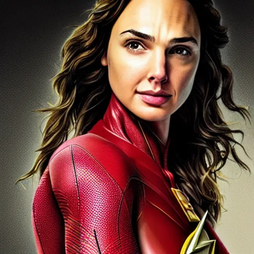 Image similar to an potrait of gal gadot cast of the flash, and wearing a flash suit, photorealistic, high detail, full body shot.