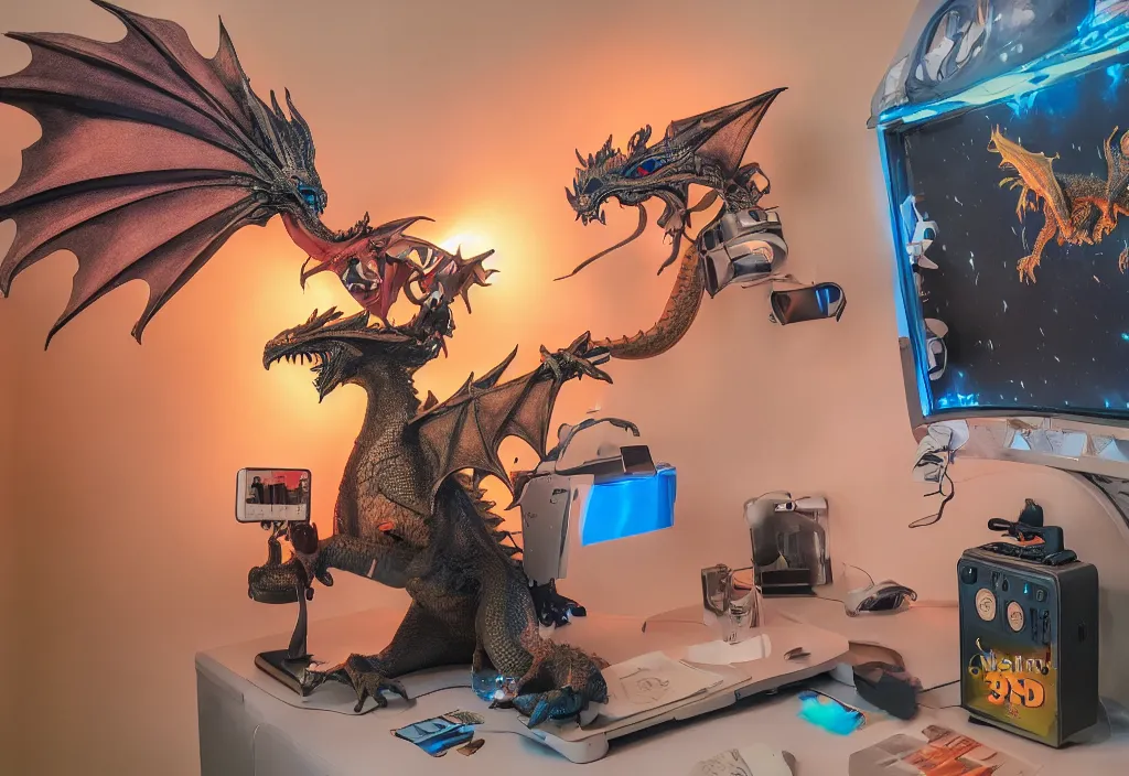 Image similar to 3 d dragon popping out of curved movie screen, 3 d medieval knight popping out of curved movie screenvolumetric lighting, bedroom, visor, users, pair of keycards on table, bokeh, creterion collection, shot on 7 0 mm, instax