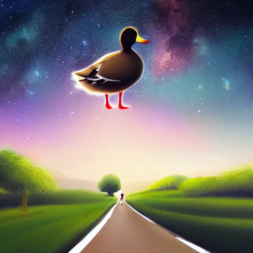 Image similar to a lonely duck walking on the road and looking up at the sky, milky way, starry sky, art station trend