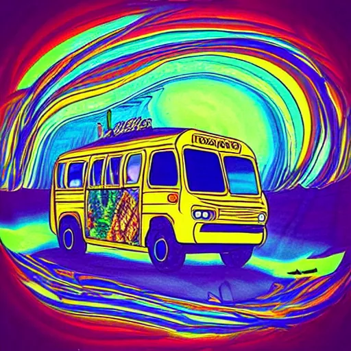 Image similar to magic school bus, trippy, instagram, beautiful, wavy bus