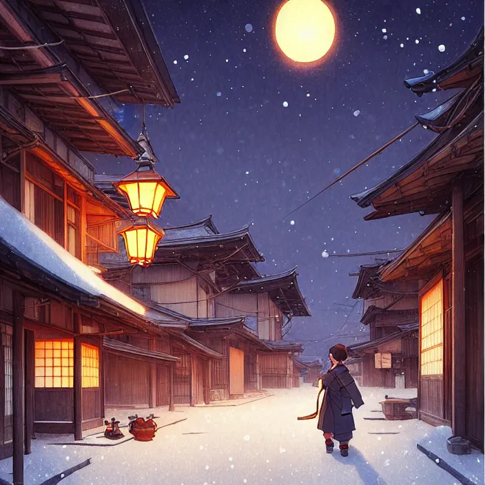 Image similar to empty rural japanese town at night, winter, in the style of studio ghibli, j. c. leyendecker, greg rutkowski, artem