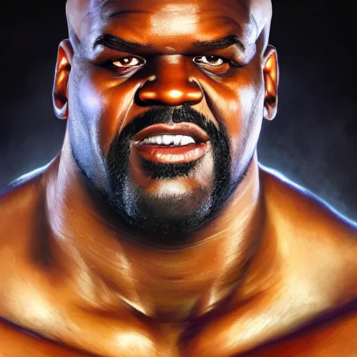 Image similar to shaquille o'neal as sagat street fighter, photo realistic, 4 k, ultra realistic, detailed focused art by artgerm and greg rutkowski and alphonse mucha