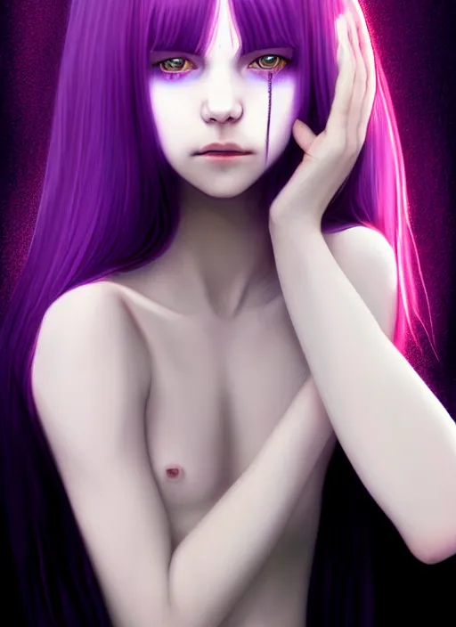 Image similar to hair whitebangs hair, black hair, whitebangs, portrait of teenage girl with white bangs, red irises, purple clothes, white bangs, bangs are different color from hair, intricate, elegant, glowing lights, highly detailed, digital painting, artstation, concept art, smooth, sharp focus, illustration, art by wlop, mars ravelo and greg rutkowski