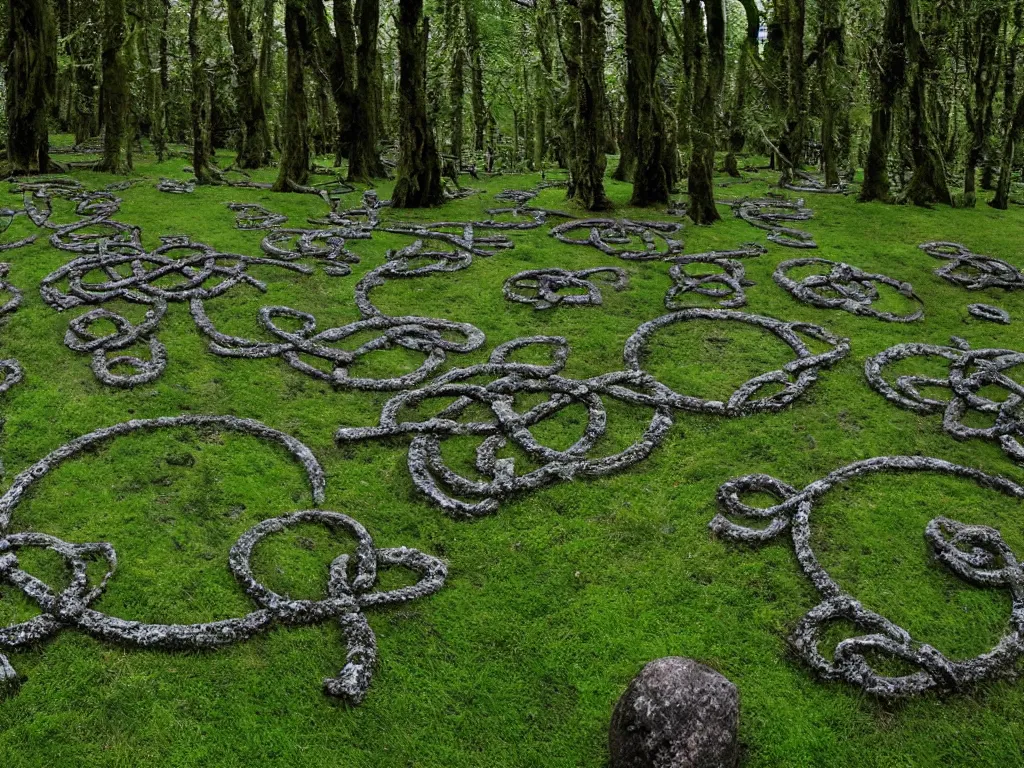 Prompt: Stone circle in an enchanted forest grove, mossy and green, at night with full moon, celtic knot made of wood and bone