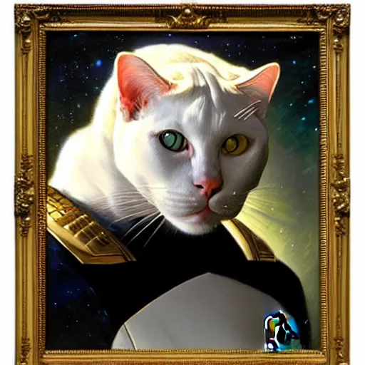 Image similar to a portrait of a man white cat feline star trek the next generation. highly detailed painting by gaston bussiere, craig mullins, j. c. leyendecker, furry