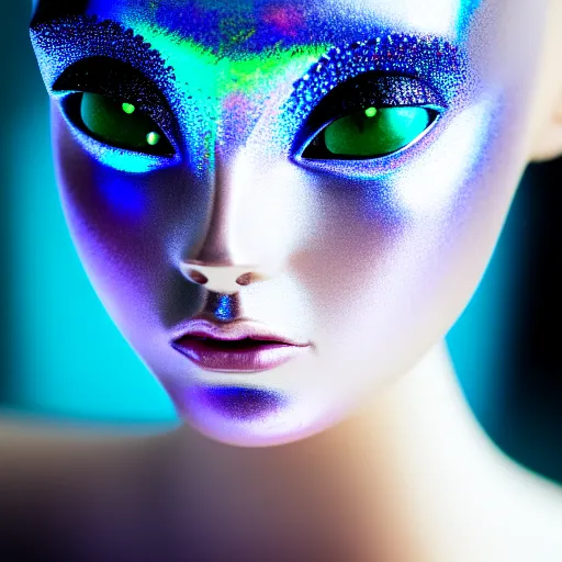 Image similar to photograph portrait of a beautiful alien, feminine, iridescent eyes, intricate detail, sigma 85mm f/1.4, 4k, depth of field