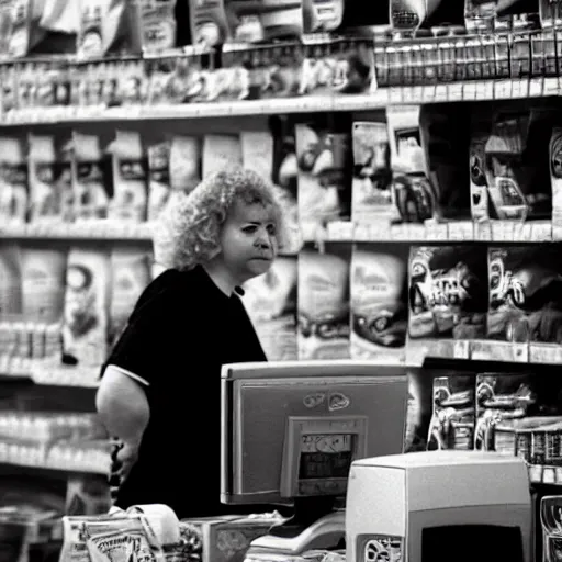 Image similar to a middle - aged woman working as a cashier at a dingy convenience store, award - winning photography, 1 9 9 0