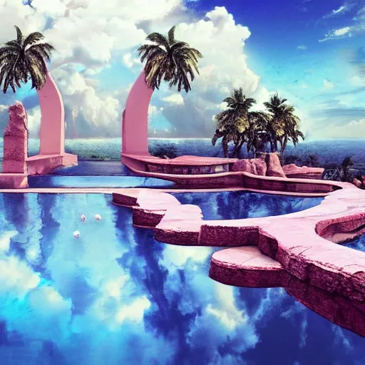 Image similar to masterpiece, hyperrealistic surrealism, award winning masterpiece with incredible details, epic stunning, infinity pool, a surreal vaporwave liminal space, highly detailed, trending on ArtStation, broken giant marble head statue ruins, calming, meditative, pink arches, flowing silk sheets, dreamscape, palm trees, very vaporwave, very very surreal, sharp details, artgerm and greg rutkowski and alphonse mucha, daily deviation, IAMAG