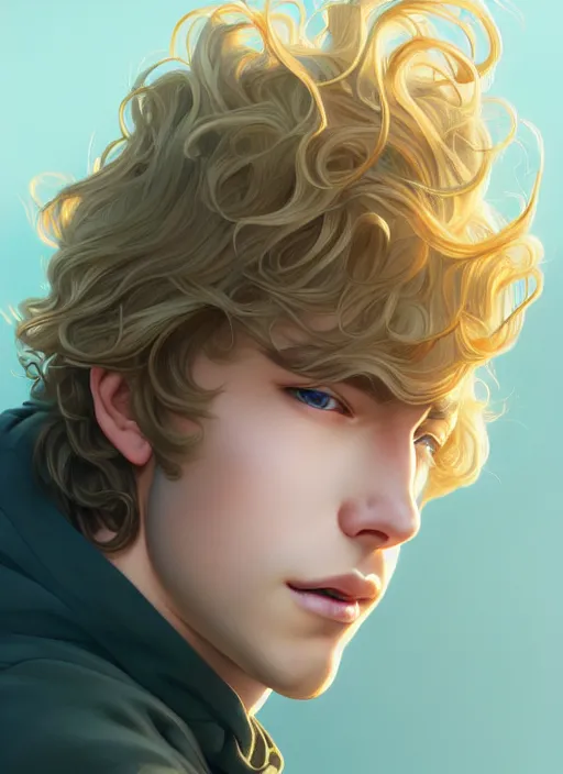 Image similar to young man with medium - length, curly, golden hair, aquamarine eyes, natural lighting, path traced, highly detailed, high quality, cartoon, digital painting, by new haicheng and ross tran and studio ghibli and alphonse mucha