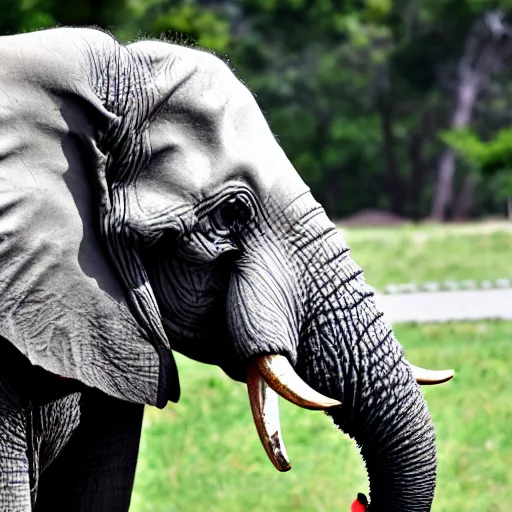 Prompt: an elephant drinks from a red bull