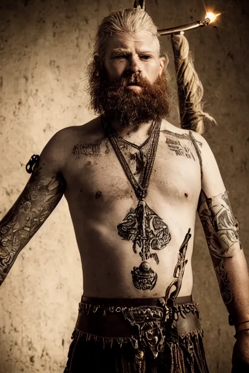 Prompt: a scenic epic view of wide photo of full body from a very ornated old wizard viking berseker, half shaved haircut, showing nordic tattoos in the chest, scars in the face, long beard, using leather armour with necklace of teeth, photorealistic, volummetric light, detailed, texturized, zeiss lens high professional mode