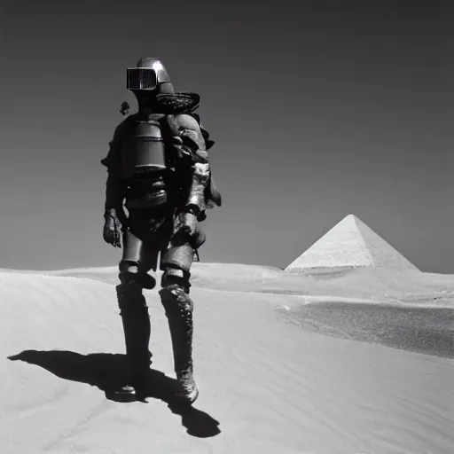 Image similar to a heavily armored man wearing a gasmask, walking over sand dunes, pyramid in background, film still, arriflex 3 5