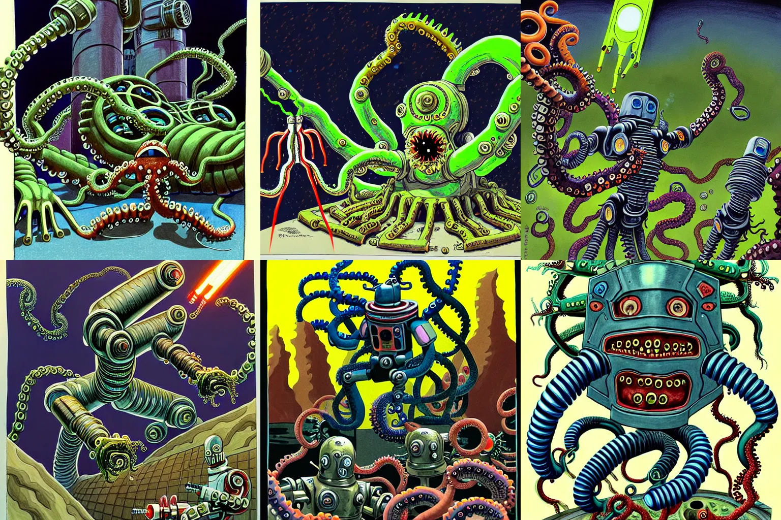 Prompt: An absurdly detailed gouache painted and colored-marker drawing of a robot-person with an arm-cannon firing energy-bolts at enemy meat-teeth-eye-body-horror-tentacle monster creatures. sci-fi labyrinth, action perspective concept, by Kev Walker, Carl Critchlow, by Ron Spencer, by Lovecraft Giger, cyborg by Vincent Di Fate