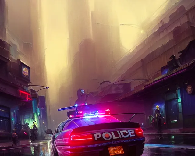 Prompt: police chase, night life, neon glow, heavy rain, deep focus, d & d, fantasy, intricate, elegant, highly detailed, digital painting, artstation, concept art, matte, sharp focus, illustration, hearthstone, art by artgerm and greg rutkowski and alphonse mucha