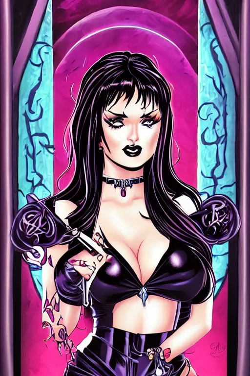Image similar to elvira mistress of the dark archie comic 2 0 1 9 art style, trending on arstation, incredible detail, portrait, symmetric, smooth ui