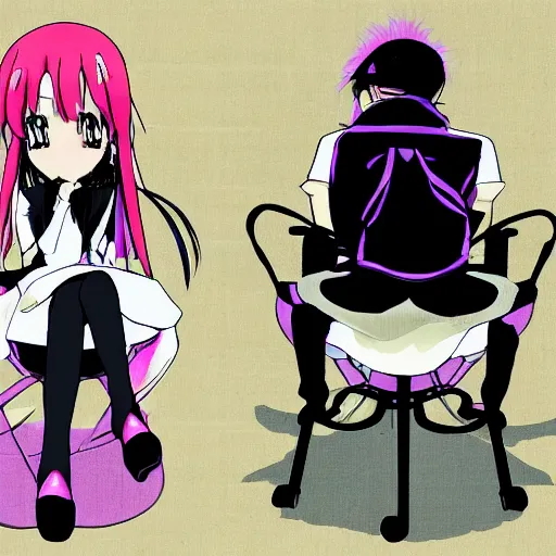 Image similar to anime waifu chair, perfect to sit on, waifu has a big head, pixiv