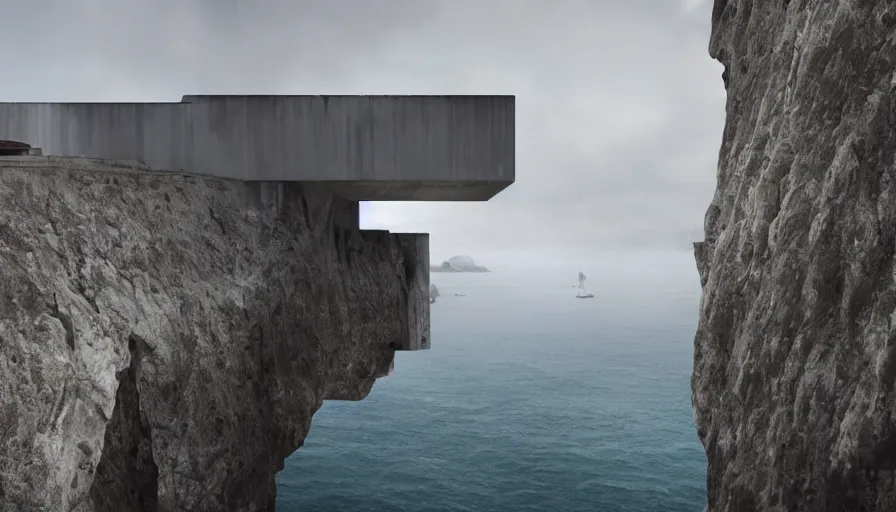 Image similar to coastal perched on a cliff overlooking a magnificient bay, bond villain base, drawing architecture, imperial architecture in rogue one, pritzker architecture prize, brutalism architecture, jan urschel, greig fraser