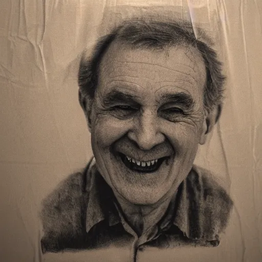 Image similar to a smiling old man seen through a sheet