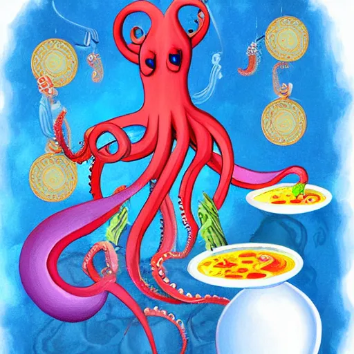 Image similar to occult anthropomorphic octopus chef cooking a delicious colorful soup, digital paintingl