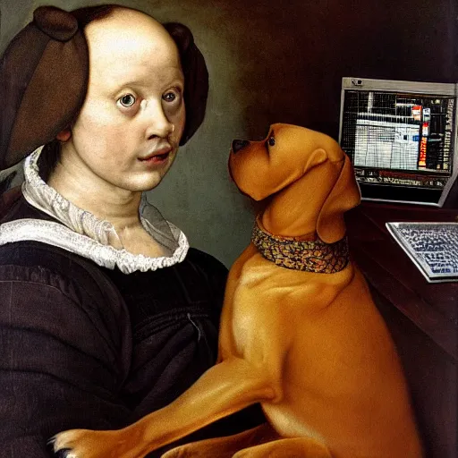 Prompt: A confused dog attempts to program unsuccessfully | renaissance | oil painting | highly detailed | emotional