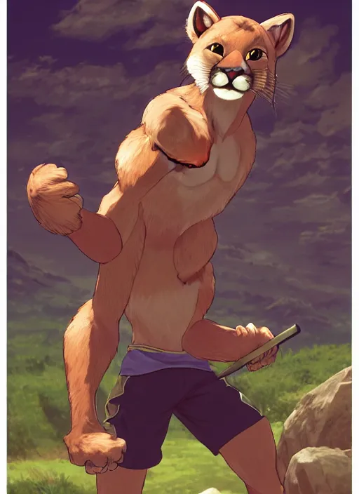 Image similar to character portrait of the anthro anthropomorphic mountain lion head animal person fursona at the gym, hidari, color page, tankoban, 4 k, tone mapping, akihiko yoshida.