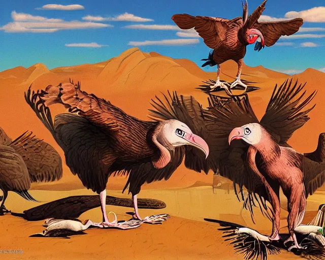 Image similar to vultures feeding on carrion in the desert, caricature, surreal, colorful