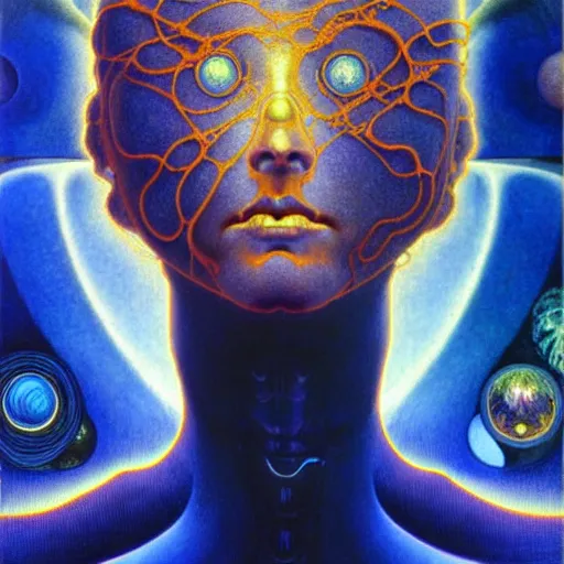 Image similar to realistic extremely detailed portrait painting of a glowing male silhouette, futuristic sci-fi landscape on background by Jean Delville, Amano, Yves Tanguy, Alphonse Mucha, Ernst Haeckel, Edward Robert Hughes, Roger Dean, rich moody colours, blue eyes