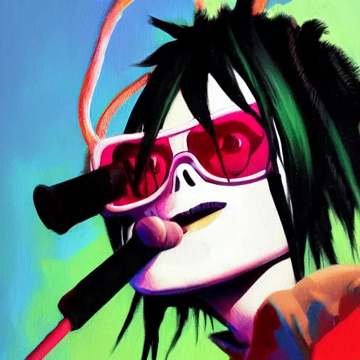 Image similar to high quality high detail painting of gorillaz noodle by ashley wood, hd, photorealistic lighting, vivid colors