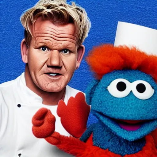 Prompt: photo of gordon ramsay eating a muppet