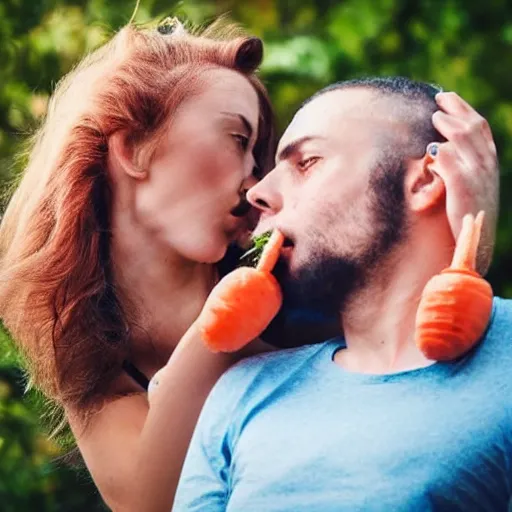 Image similar to woman eating man with carrot hands