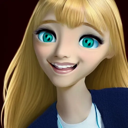 Prompt: Disney animation of a cute blonde girl with green eyes, symmetrical face