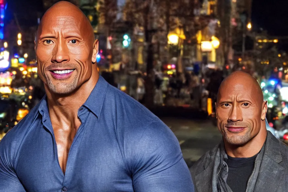 Image similar to Dwayne Johnson on the street in the night, bright lighting, high quality, ultra detailed , full body