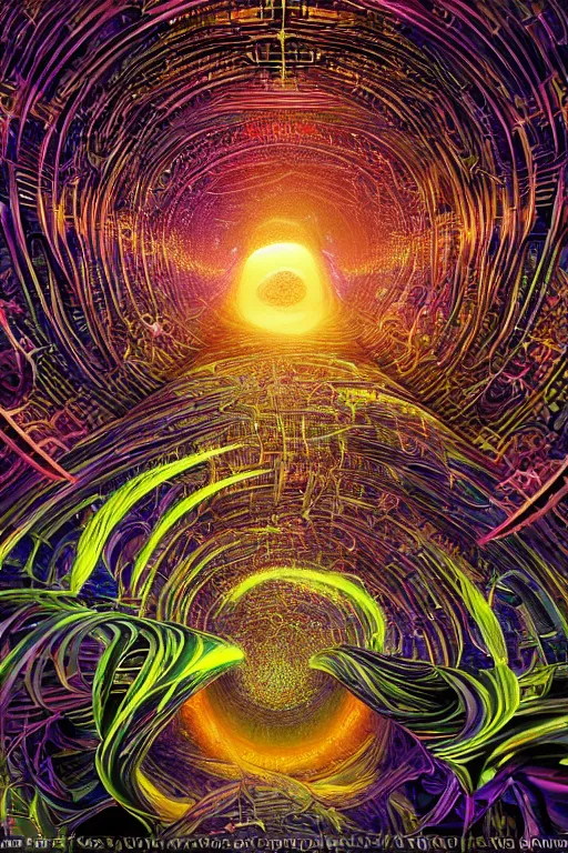 Image similar to the machine universe encounters a living cosmos inside an asymmetric orthogonal non - euclidean upside down inside out world with an infinite cosmic spiral waterfall of living information, inspired by android jones and blake foster, hyperrealistic, extreme detail, psychedelic visionary digital art, concept art, rendered in cinema 4 d, cryengine 8 k