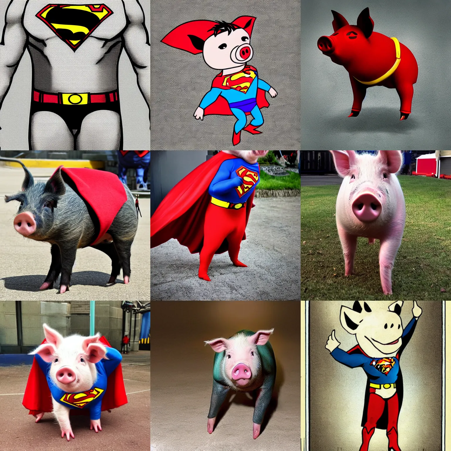 Prompt: pig wearing like superman.