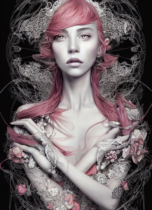 Image similar to the portrait of an unbelievably beautiful, elegant, sensual, and sophisticated young woman, an ultrafine detailed illustration by james jean, intricate linework, bright colors, final fantasy, behance contest winner, vanitas, angular, altermodern, unreal engine 5 highly rendered, ethereal, ominous, detailed and intricate environment